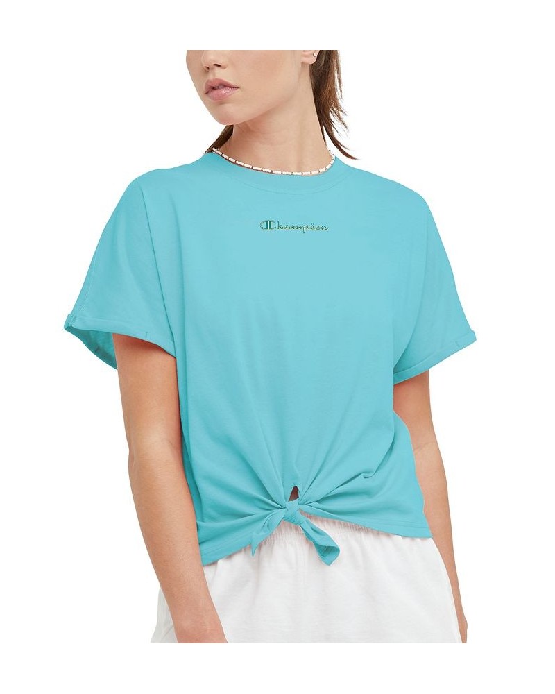 Women's Tie-Front Logo-Print T-Shirt Light Sky Blue $18.00 Tops