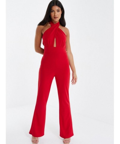 Women's Halter Neck Palazzo Jumpsuit Red $35.20 Pants