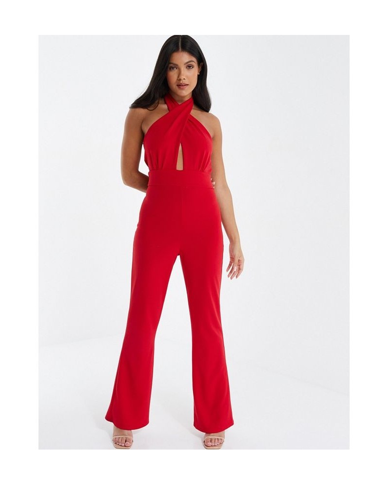 Women's Halter Neck Palazzo Jumpsuit Red $35.20 Pants