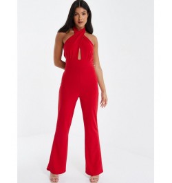 Women's Halter Neck Palazzo Jumpsuit Red $35.20 Pants