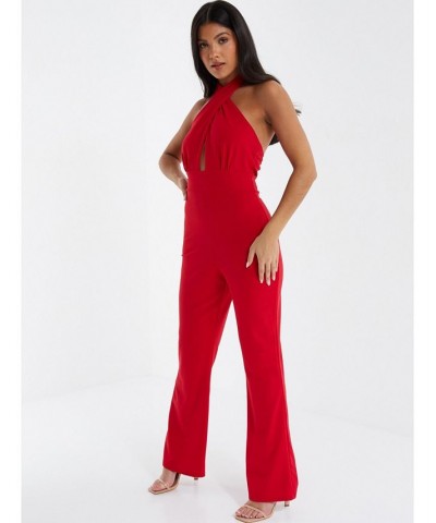 Women's Halter Neck Palazzo Jumpsuit Red $35.20 Pants