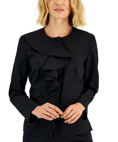 Women's Ruffled Stretch Crepe Skirt Suit Regular & Petite Black $56.35 Suits