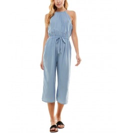 Juniors' Solid Cropped Keyhole-Back Jumpsuit Chambray $26.95 Pants