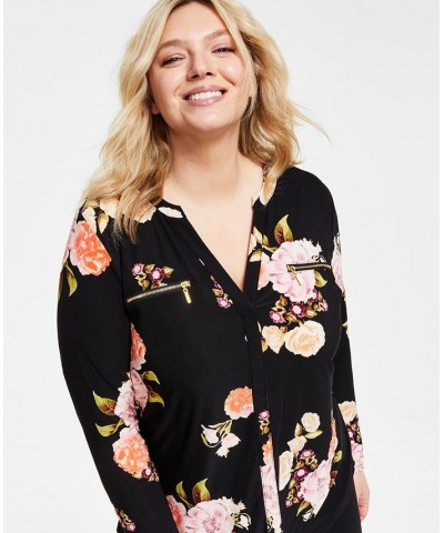 Plus Size Split-Neck Floral-Print Top Jada Garden Black $17.32 Tops