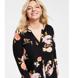 Plus Size Split-Neck Floral-Print Top Jada Garden Black $17.32 Tops