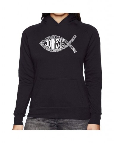 Women's Word Art Hooded Sweatshirt -John 3:16 Fish Symbol Black $30.59 Sweatshirts