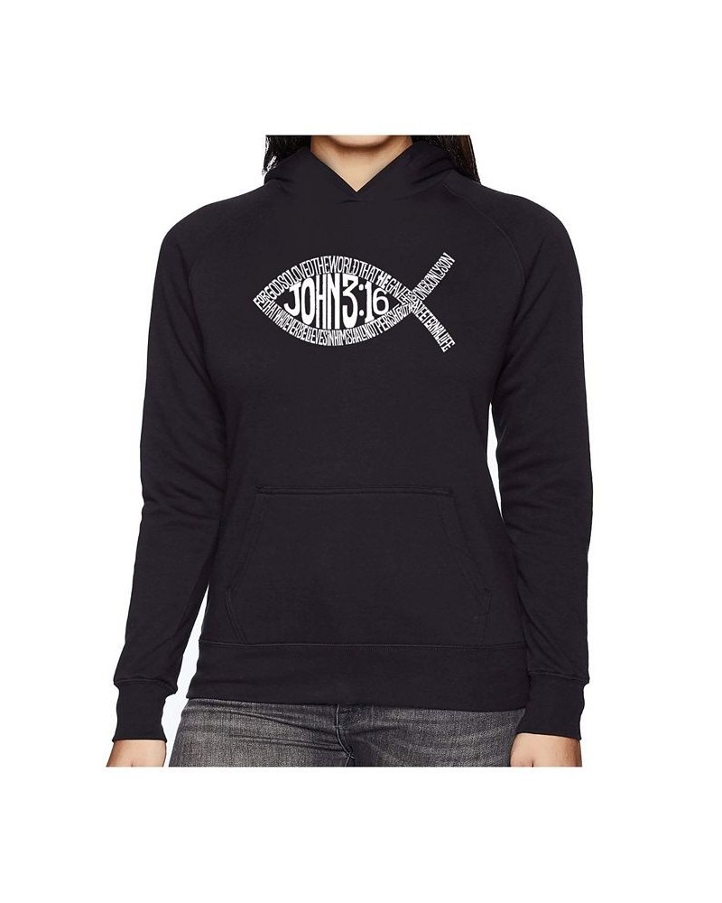 Women's Word Art Hooded Sweatshirt -John 3:16 Fish Symbol Black $30.59 Sweatshirts