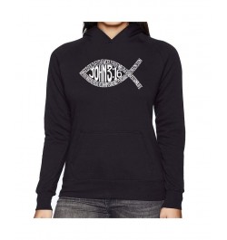 Women's Word Art Hooded Sweatshirt -John 3:16 Fish Symbol Black $30.59 Sweatshirts