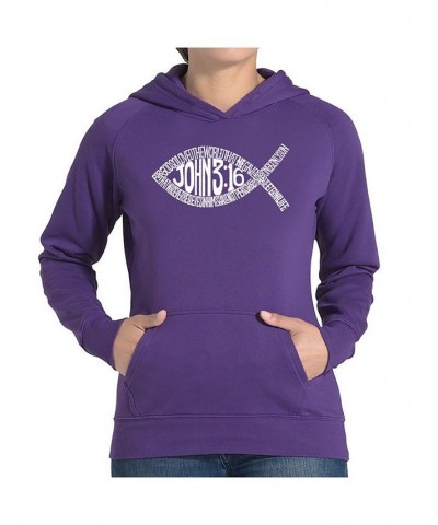 Women's Word Art Hooded Sweatshirt -John 3:16 Fish Symbol Black $30.59 Sweatshirts