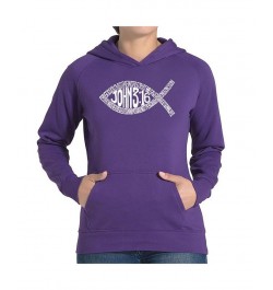 Women's Word Art Hooded Sweatshirt -John 3:16 Fish Symbol Black $30.59 Sweatshirts