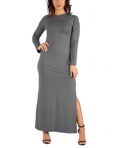 Women's Long Sleeve Side Slit Fitted Maxi Dress Gray $21.86 Dresses