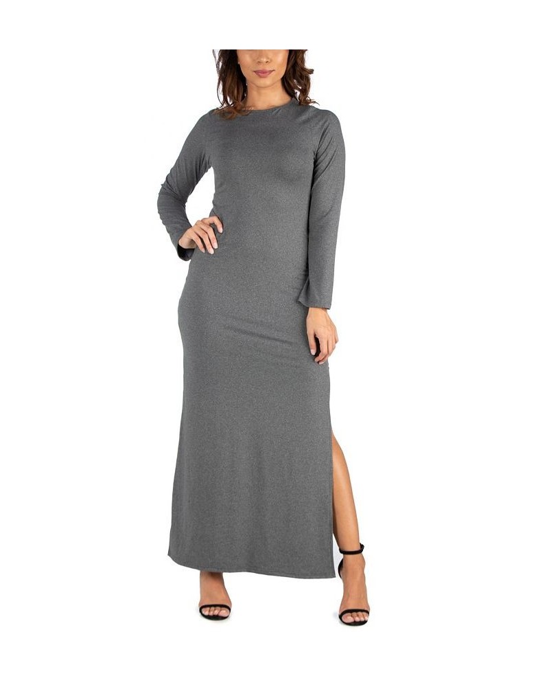 Women's Long Sleeve Side Slit Fitted Maxi Dress Gray $21.86 Dresses