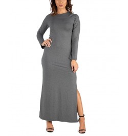 Women's Long Sleeve Side Slit Fitted Maxi Dress Gray $21.86 Dresses