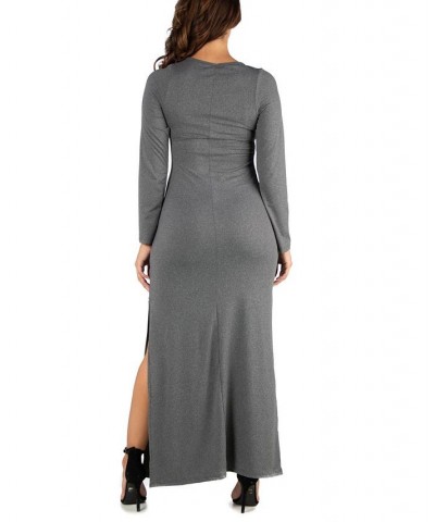 Women's Long Sleeve Side Slit Fitted Maxi Dress Gray $21.86 Dresses