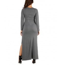 Women's Long Sleeve Side Slit Fitted Maxi Dress Gray $21.86 Dresses