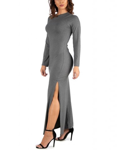 Women's Long Sleeve Side Slit Fitted Maxi Dress Gray $21.86 Dresses