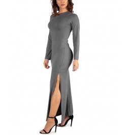 Women's Long Sleeve Side Slit Fitted Maxi Dress Gray $21.86 Dresses