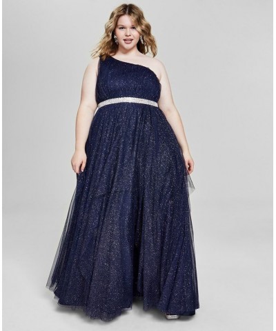 Trendy Plus Size One-Shoulder Gown Navy/silver $55.53 Dresses