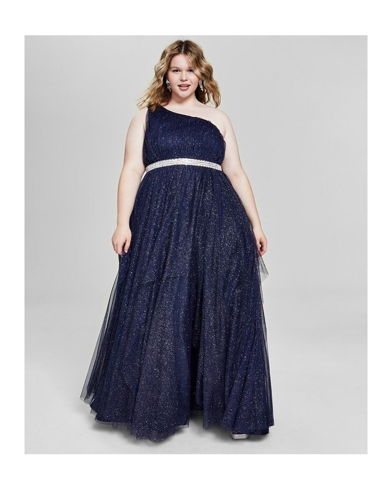 Trendy Plus Size One-Shoulder Gown Navy/silver $55.53 Dresses