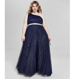 Trendy Plus Size One-Shoulder Gown Navy/silver $55.53 Dresses