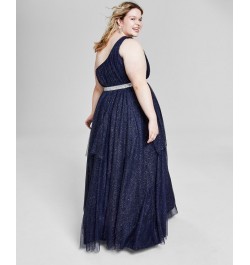 Trendy Plus Size One-Shoulder Gown Navy/silver $55.53 Dresses