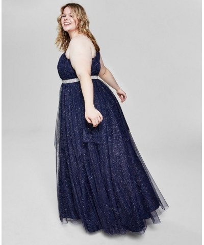 Trendy Plus Size One-Shoulder Gown Navy/silver $55.53 Dresses