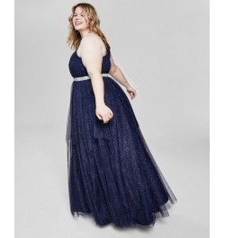 Trendy Plus Size One-Shoulder Gown Navy/silver $55.53 Dresses