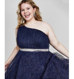 Trendy Plus Size One-Shoulder Gown Navy/silver $55.53 Dresses