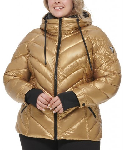 Women's Plus Size Metallic Quilted Hooded Puffer Coat Gold $81.70 Coats