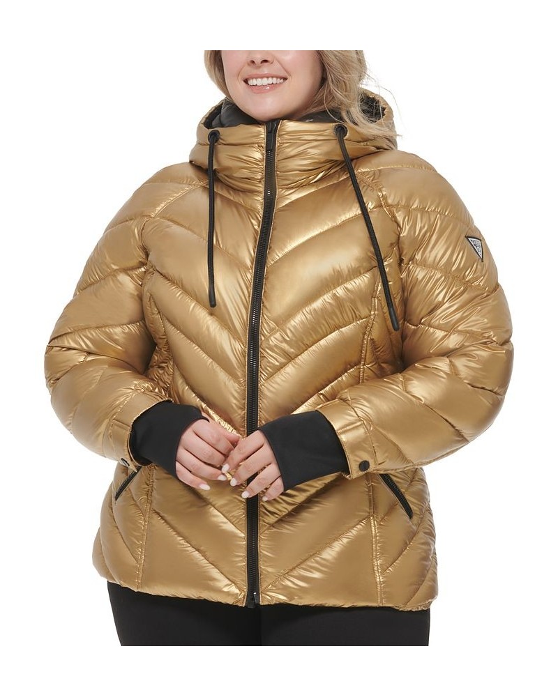 Women's Plus Size Metallic Quilted Hooded Puffer Coat Gold $81.70 Coats