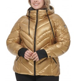 Women's Plus Size Metallic Quilted Hooded Puffer Coat Gold $81.70 Coats