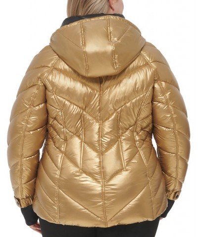 Women's Plus Size Metallic Quilted Hooded Puffer Coat Gold $81.70 Coats