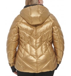 Women's Plus Size Metallic Quilted Hooded Puffer Coat Gold $81.70 Coats