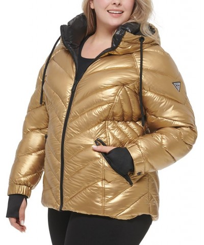 Women's Plus Size Metallic Quilted Hooded Puffer Coat Gold $81.70 Coats