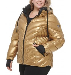 Women's Plus Size Metallic Quilted Hooded Puffer Coat Gold $81.70 Coats