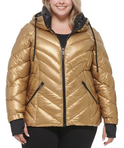 Women's Plus Size Metallic Quilted Hooded Puffer Coat Gold $81.70 Coats