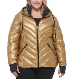 Women's Plus Size Metallic Quilted Hooded Puffer Coat Gold $81.70 Coats