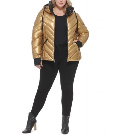 Women's Plus Size Metallic Quilted Hooded Puffer Coat Gold $81.70 Coats