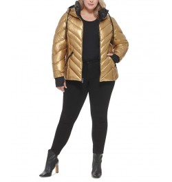 Women's Plus Size Metallic Quilted Hooded Puffer Coat Gold $81.70 Coats