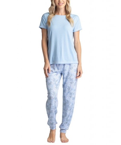 Women's Ribbed Crewneck & Printed Jogger Pajama Pants Set Blue Poppies $29.58 Sleepwear