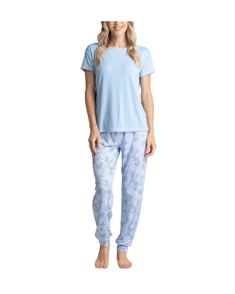 Women's Ribbed Crewneck & Printed Jogger Pajama Pants Set Blue Poppies $29.58 Sleepwear