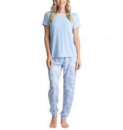 Women's Ribbed Crewneck & Printed Jogger Pajama Pants Set Blue Poppies $29.58 Sleepwear