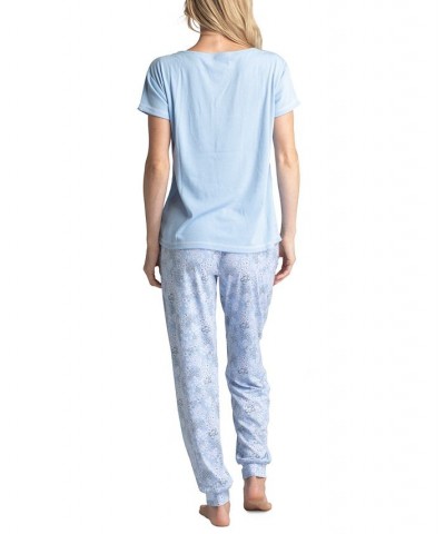 Women's Ribbed Crewneck & Printed Jogger Pajama Pants Set Blue Poppies $29.58 Sleepwear