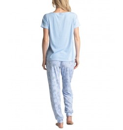 Women's Ribbed Crewneck & Printed Jogger Pajama Pants Set Blue Poppies $29.58 Sleepwear