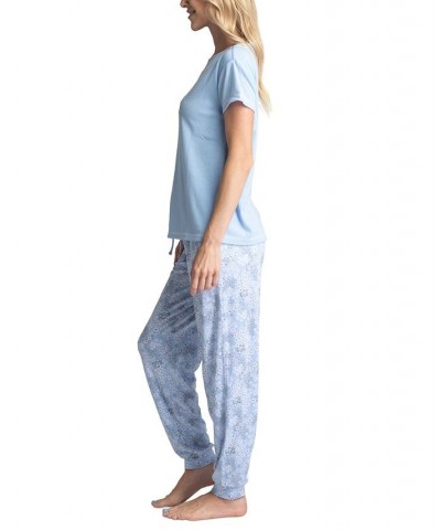 Women's Ribbed Crewneck & Printed Jogger Pajama Pants Set Blue Poppies $29.58 Sleepwear