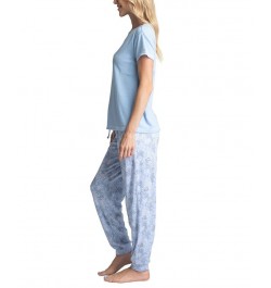 Women's Ribbed Crewneck & Printed Jogger Pajama Pants Set Blue Poppies $29.58 Sleepwear