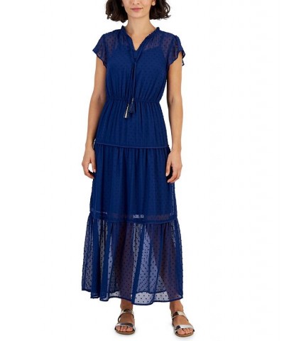 Petite Floral-Print Flutter-Sleeve Tie-Neck Tiered Maxi Dress Blue $38.71 Dresses