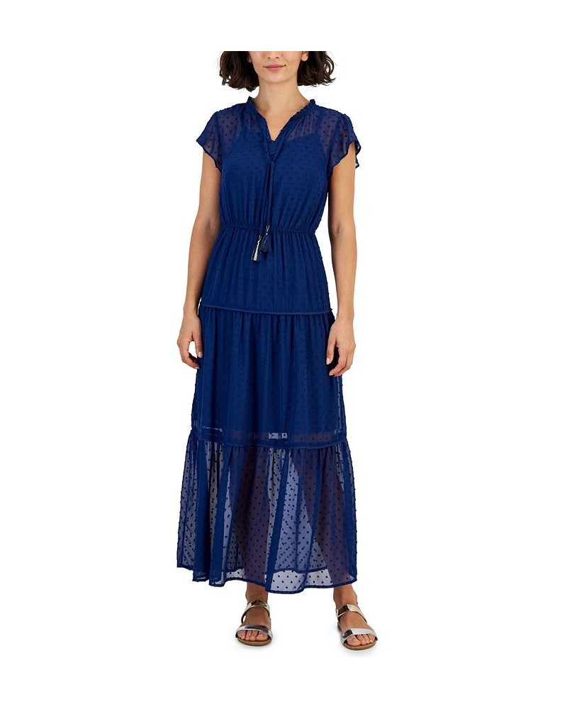 Petite Floral-Print Flutter-Sleeve Tie-Neck Tiered Maxi Dress Blue $38.71 Dresses