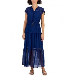 Petite Floral-Print Flutter-Sleeve Tie-Neck Tiered Maxi Dress Blue $38.71 Dresses