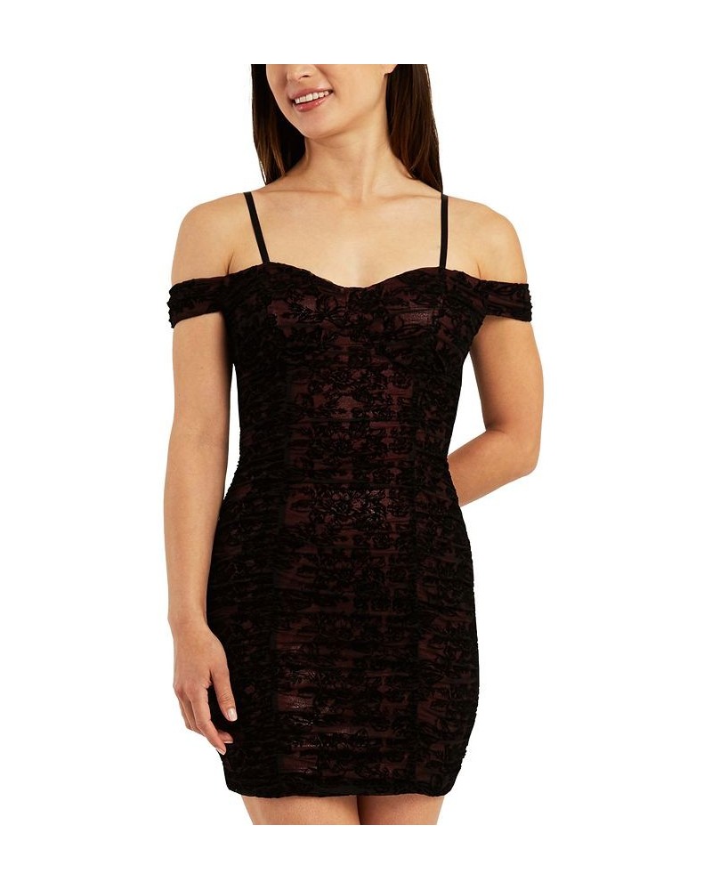 Juniors' Flocked Ruched Bodycon Mini Dress Wine $32.39 Dresses